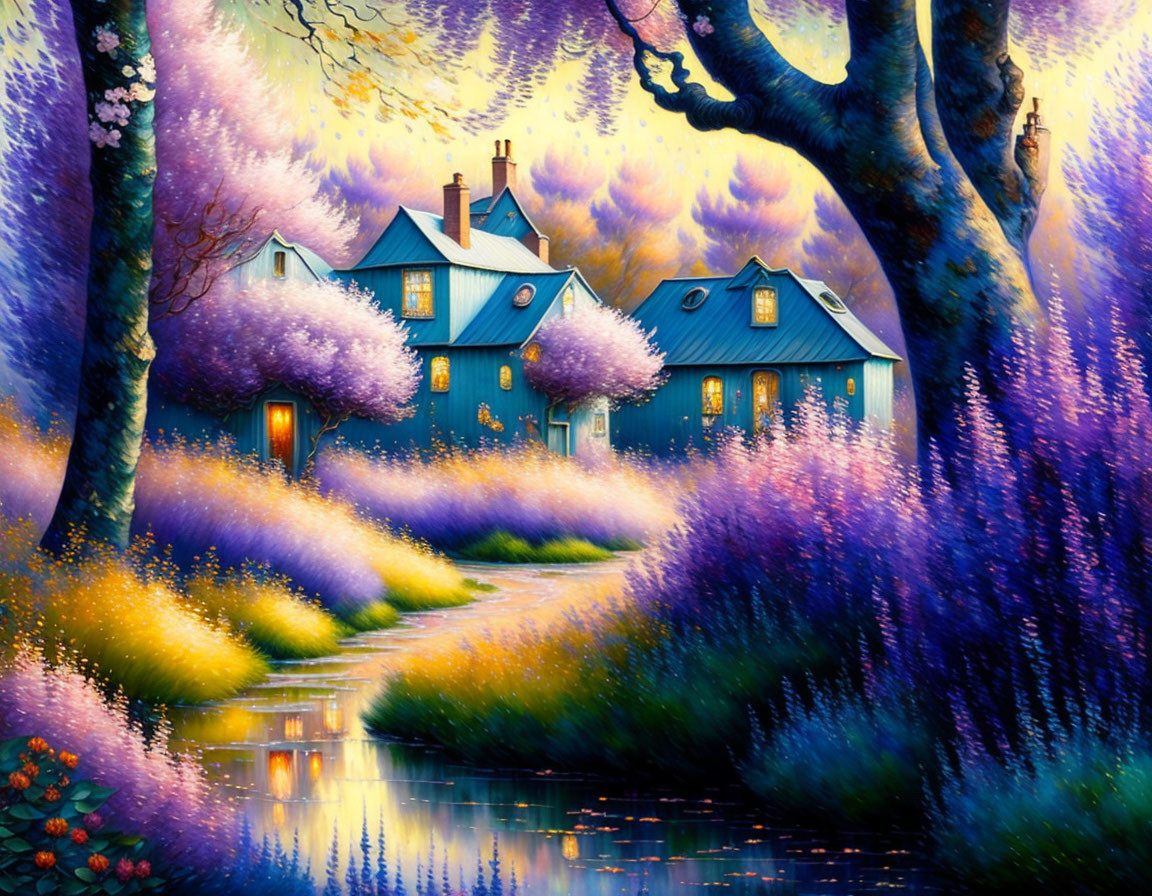 Colorful painting of a cozy blue cottage surrounded by lush purple and pink foliage