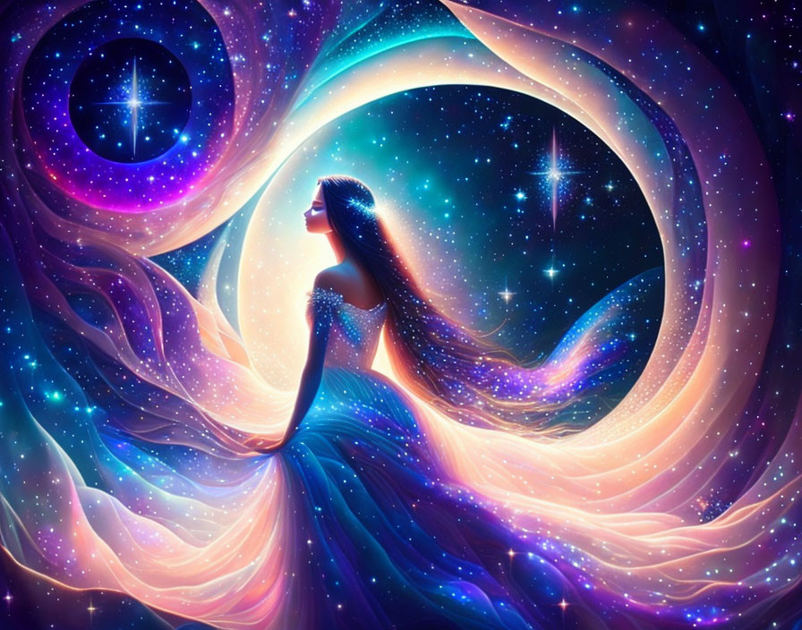 Surreal digital artwork: Woman blending into cosmic spiral