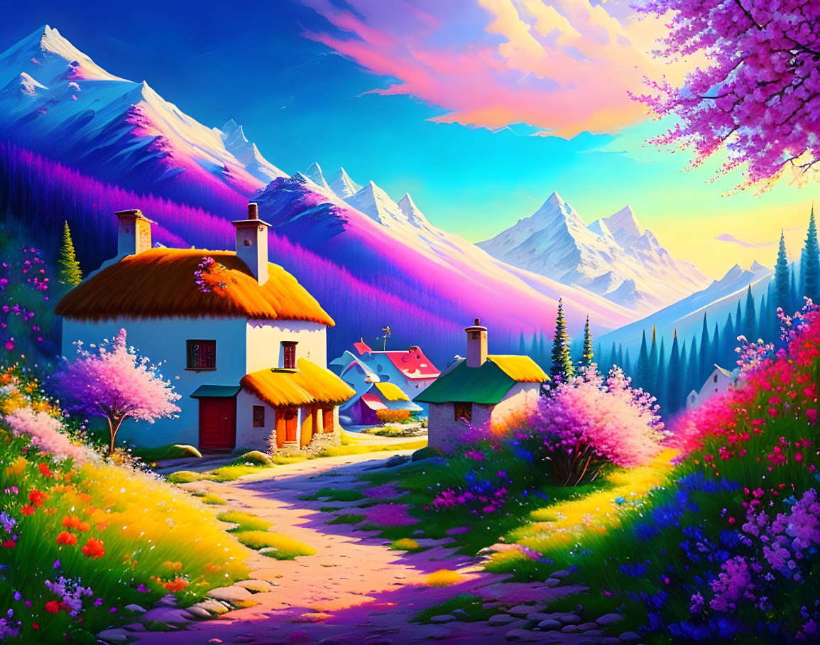 Picturesque Country Scene with Thatched Cottages, Flowering Path, and Snow-Capped Mountains