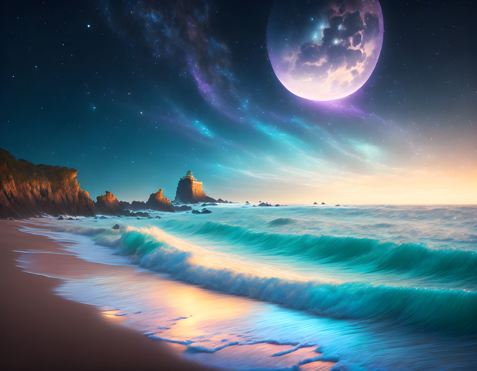 Vibrant beach scene: moonlit sky, crashing waves, distant lighthouse