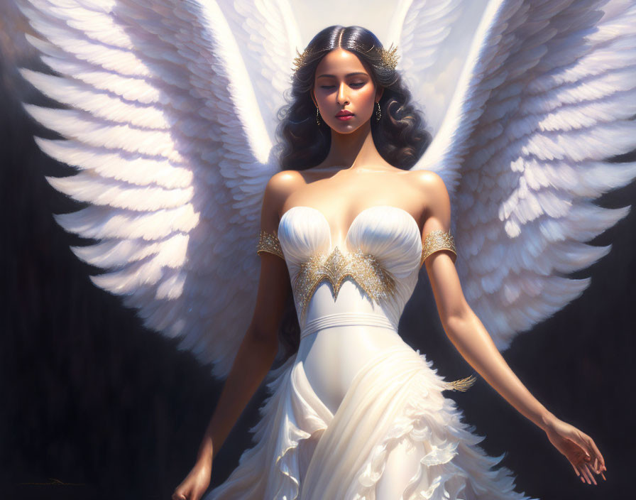 Serene woman with angel wings and flowing white dress against dark background