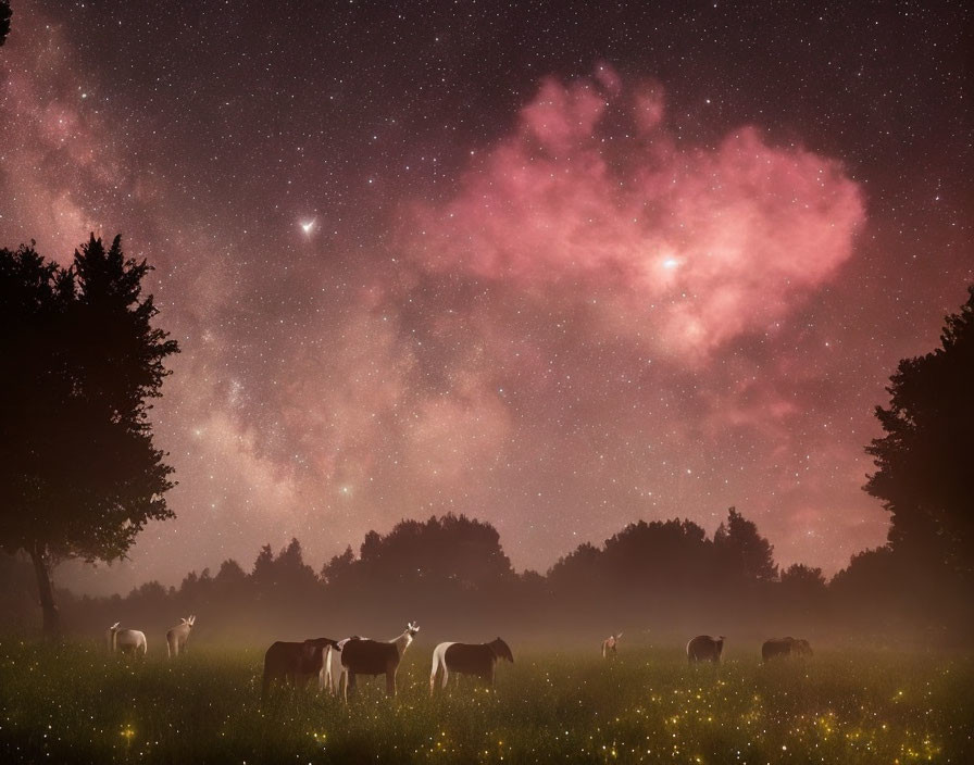 Cows grazing in misty field under starry night sky