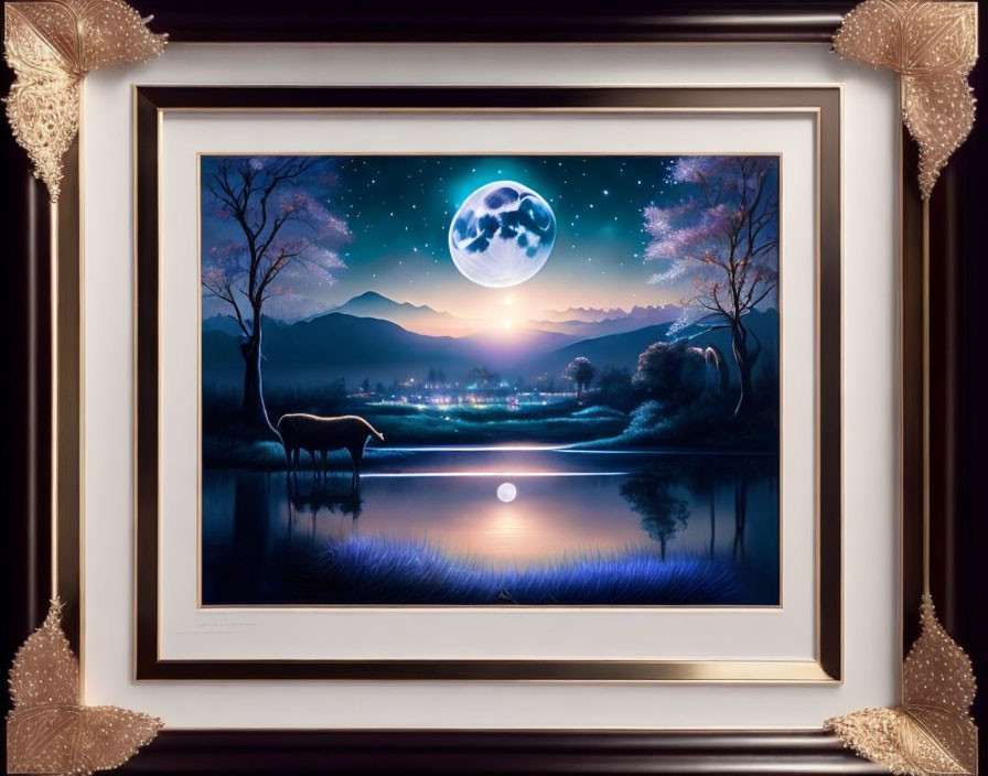 Night Scene Artwork: Full Moon, Mountains, Lake, Deer - Framed Piece