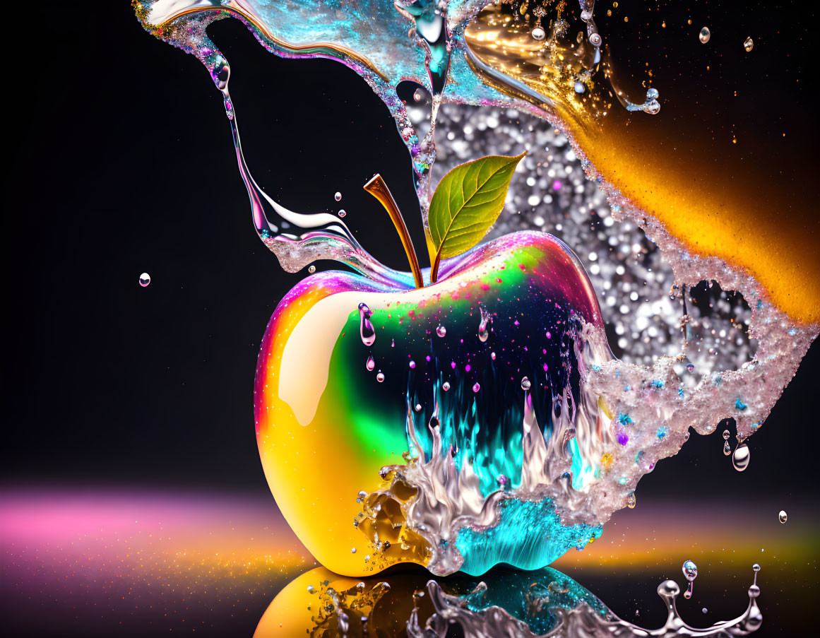 Colorful Apple with Water Splashes on Dark Gradient Background