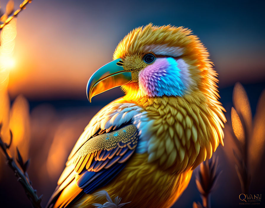 Colorful Bird with Golden Body & Rainbow Neck Perched on Branch at Sunset