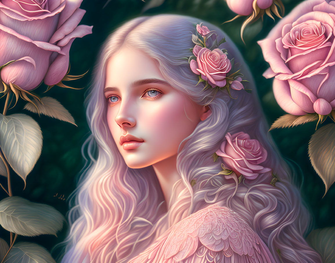 Pale-skinned woman with long wavy hair and roses in digital portrait