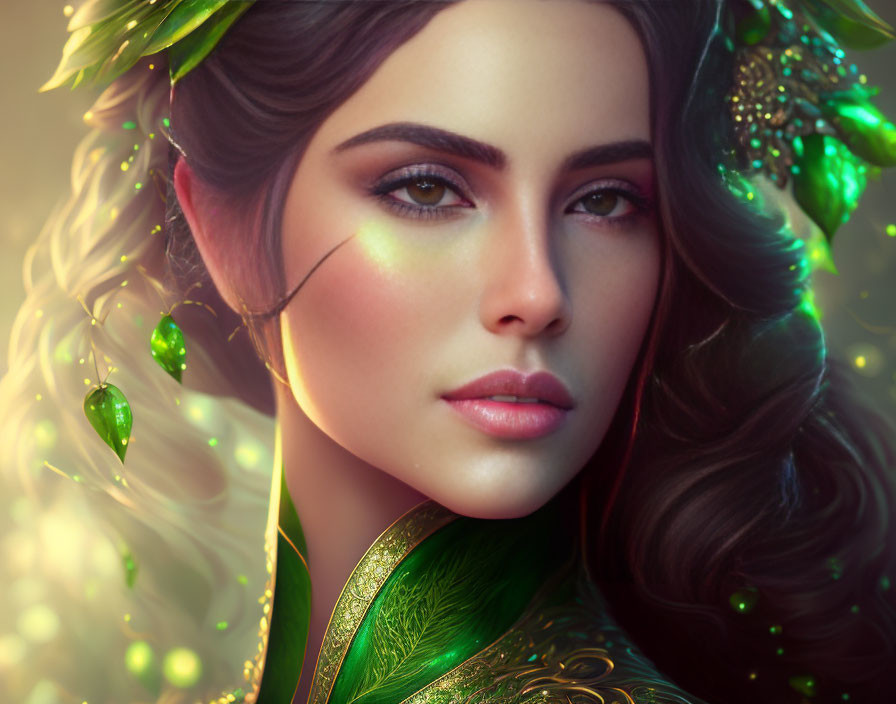 Ethereal digital artwork of woman with green leafy adornments