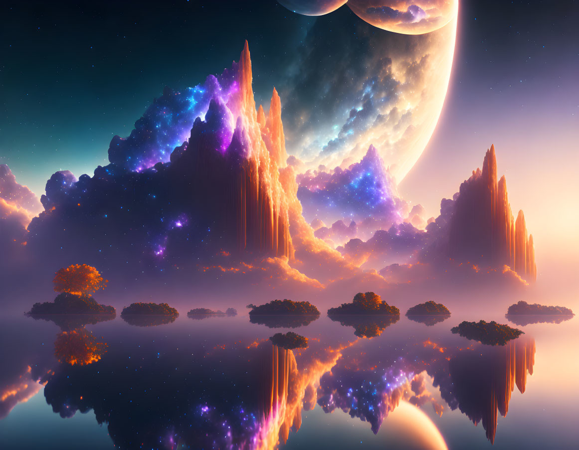 Purple-hued mountains with cosmic scenery.