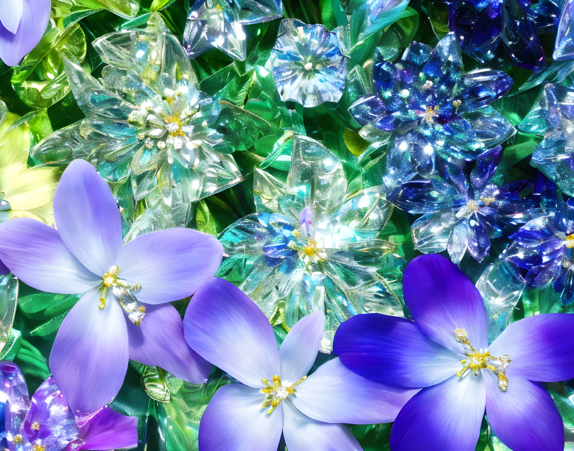 Vibrant flowers with purple petals and crystalline textures in lush green setting