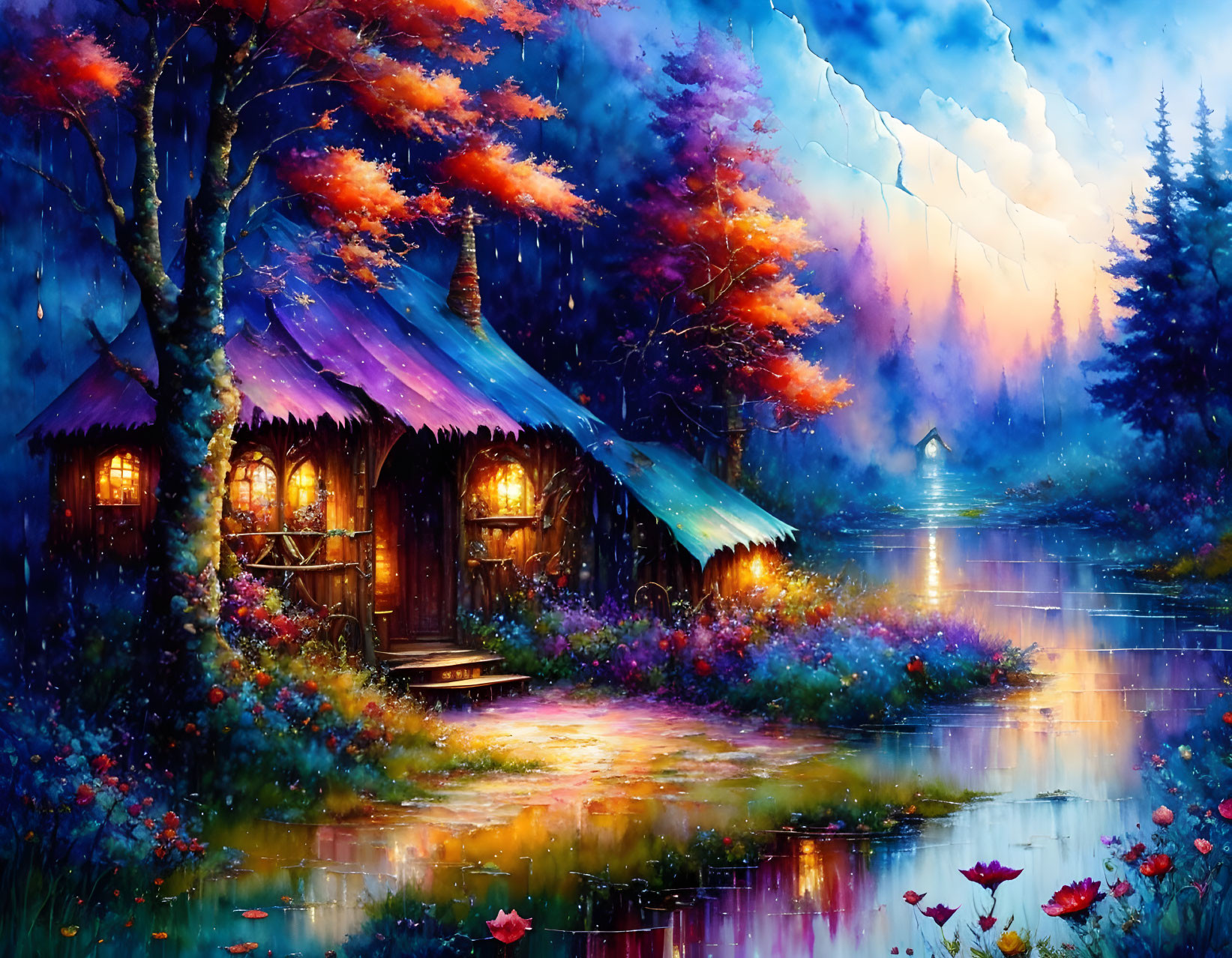 Riverside cottage in colorful forest under twilight sky