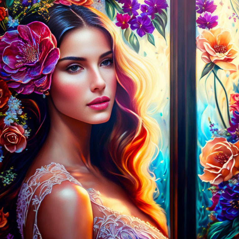 Vibrant digital portrait: woman with multicolored hair and floral fantasy.