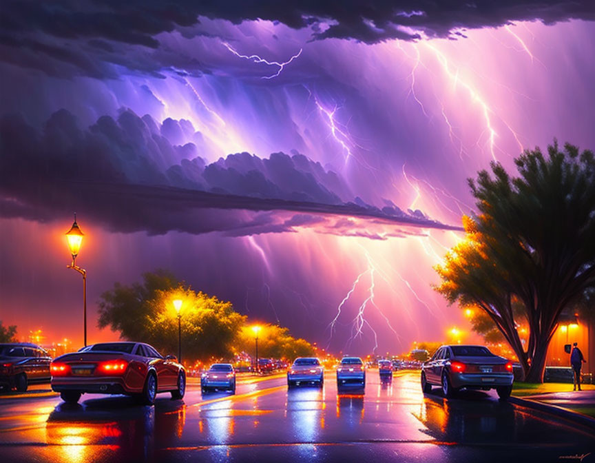 Nighttime lightning storm over wet street with cars and street lamps