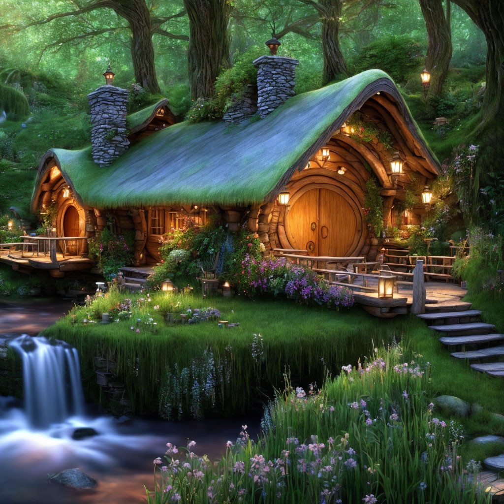 Forest Cottage with Moss-Covered Roof, Stone Chimneys, Wooden Door, Lanterns, and