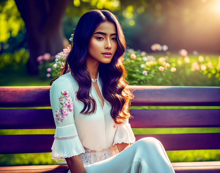 Woman with long hair on sunlit park bench in floral outfit