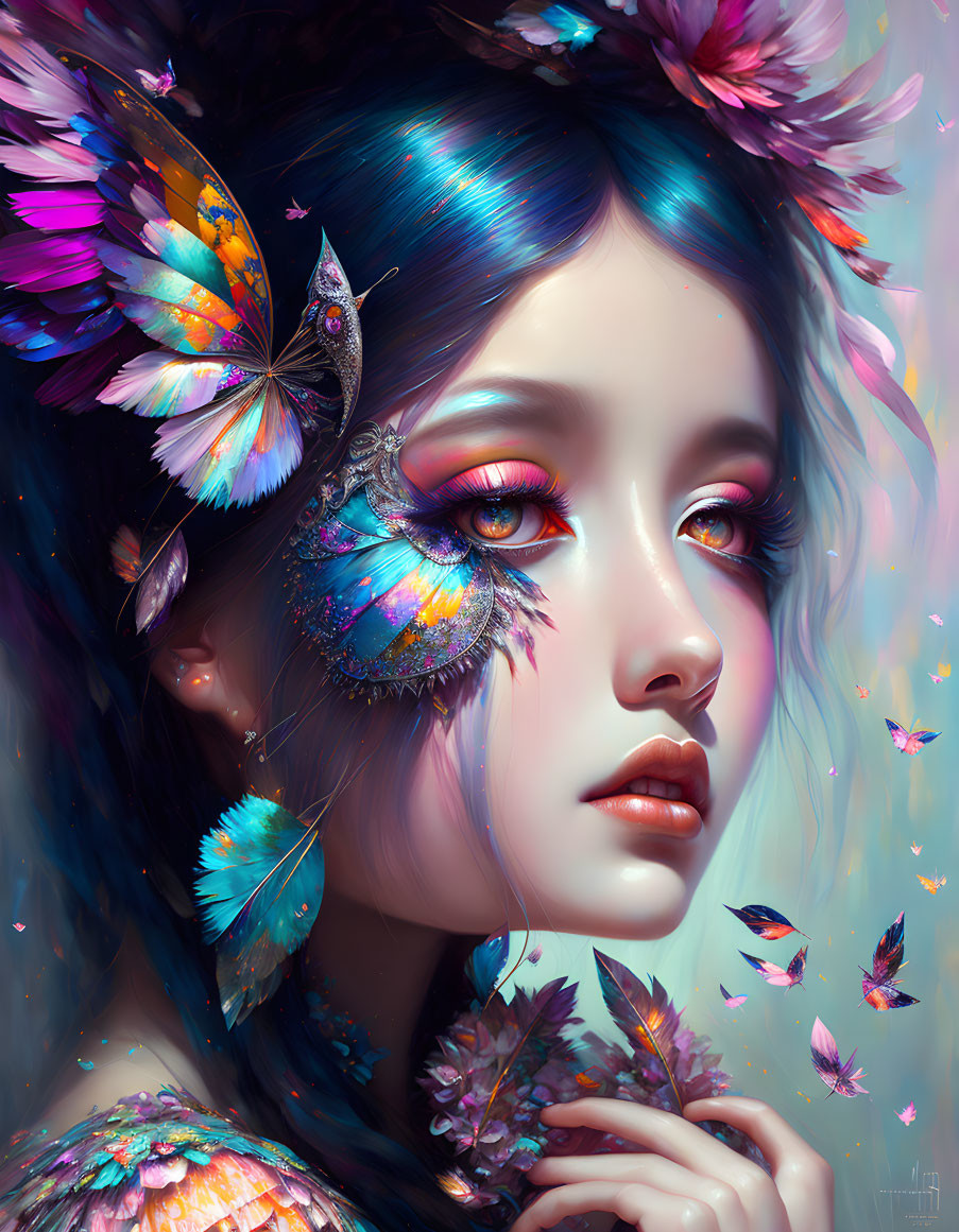 Colorful Butterfly Wings Portrait of Woman with Vibrant Makeup