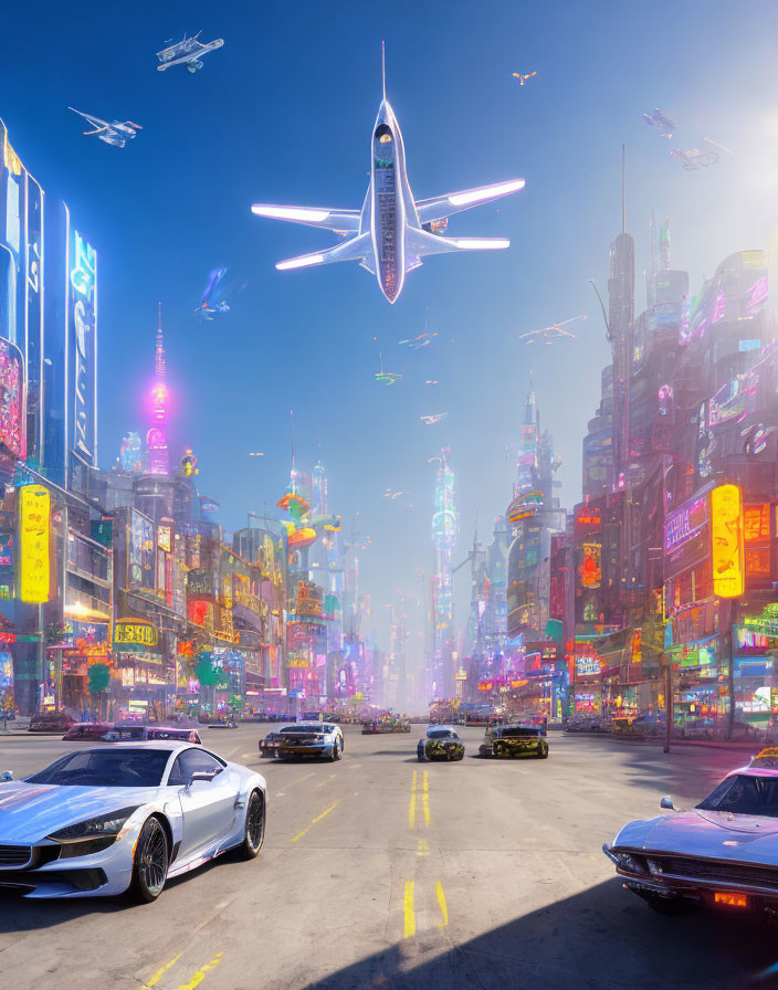 Futuristic cityscape with flying vehicles and neon signs