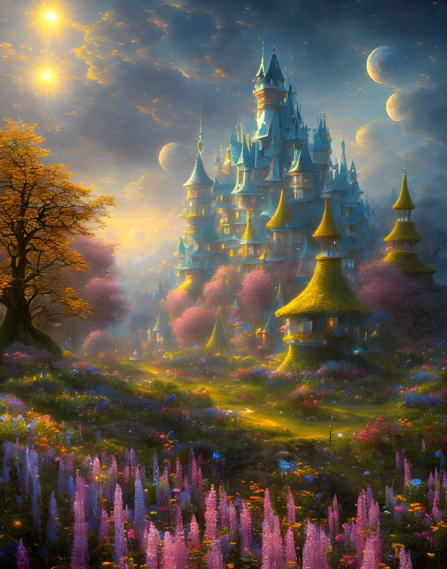 Fantasy landscape with castle, moons, sun, and stars