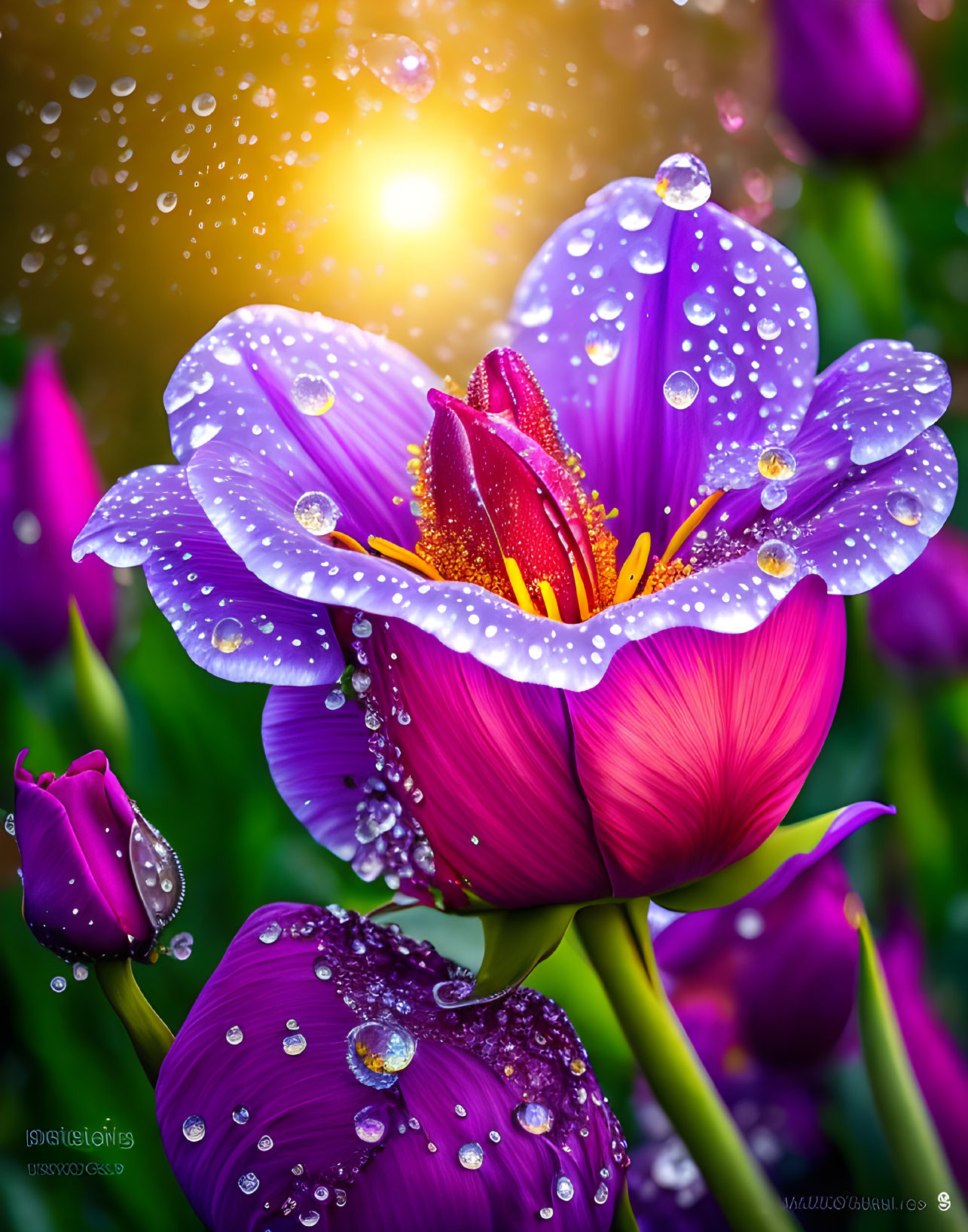 Vibrant purple flower with dewdrops in sunlight among budding flowers and greenery