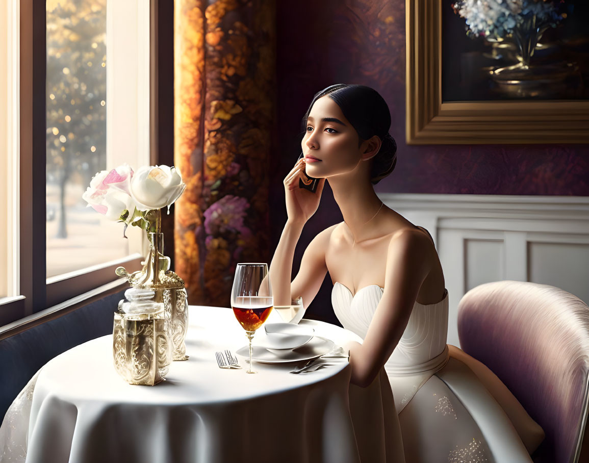 Elegant woman in dress with wine glass by window