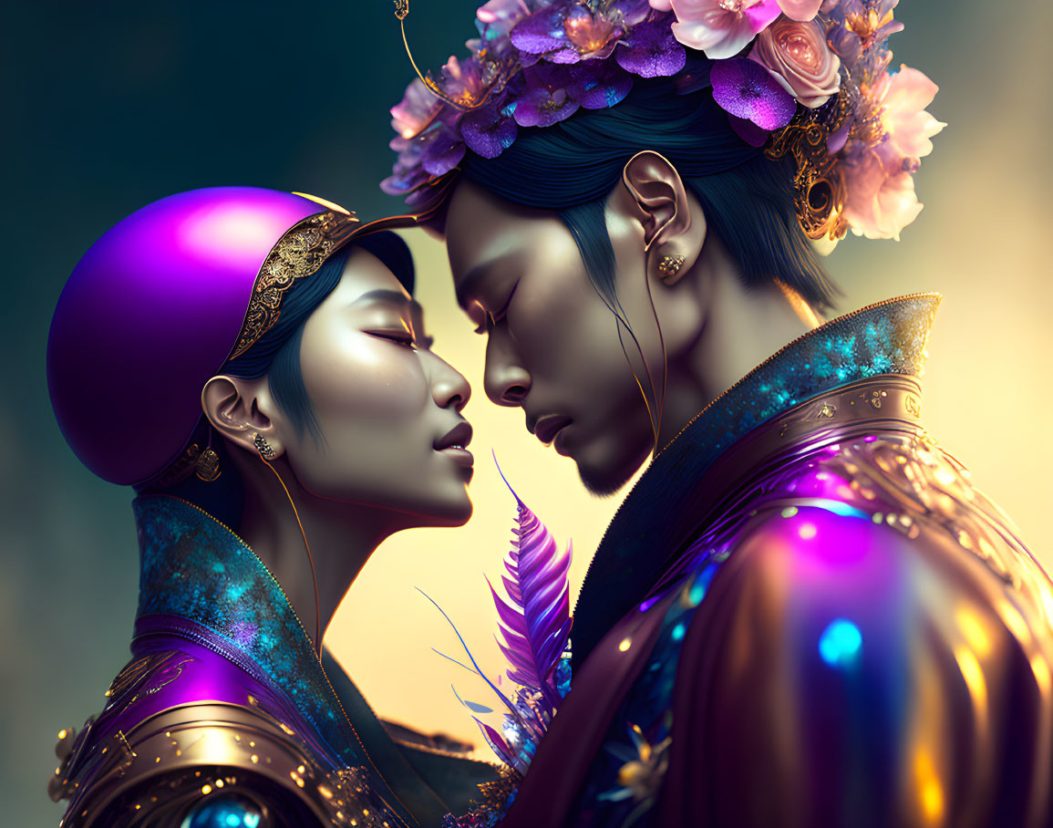 Illustrated characters in elaborate attire sharing a tender moment