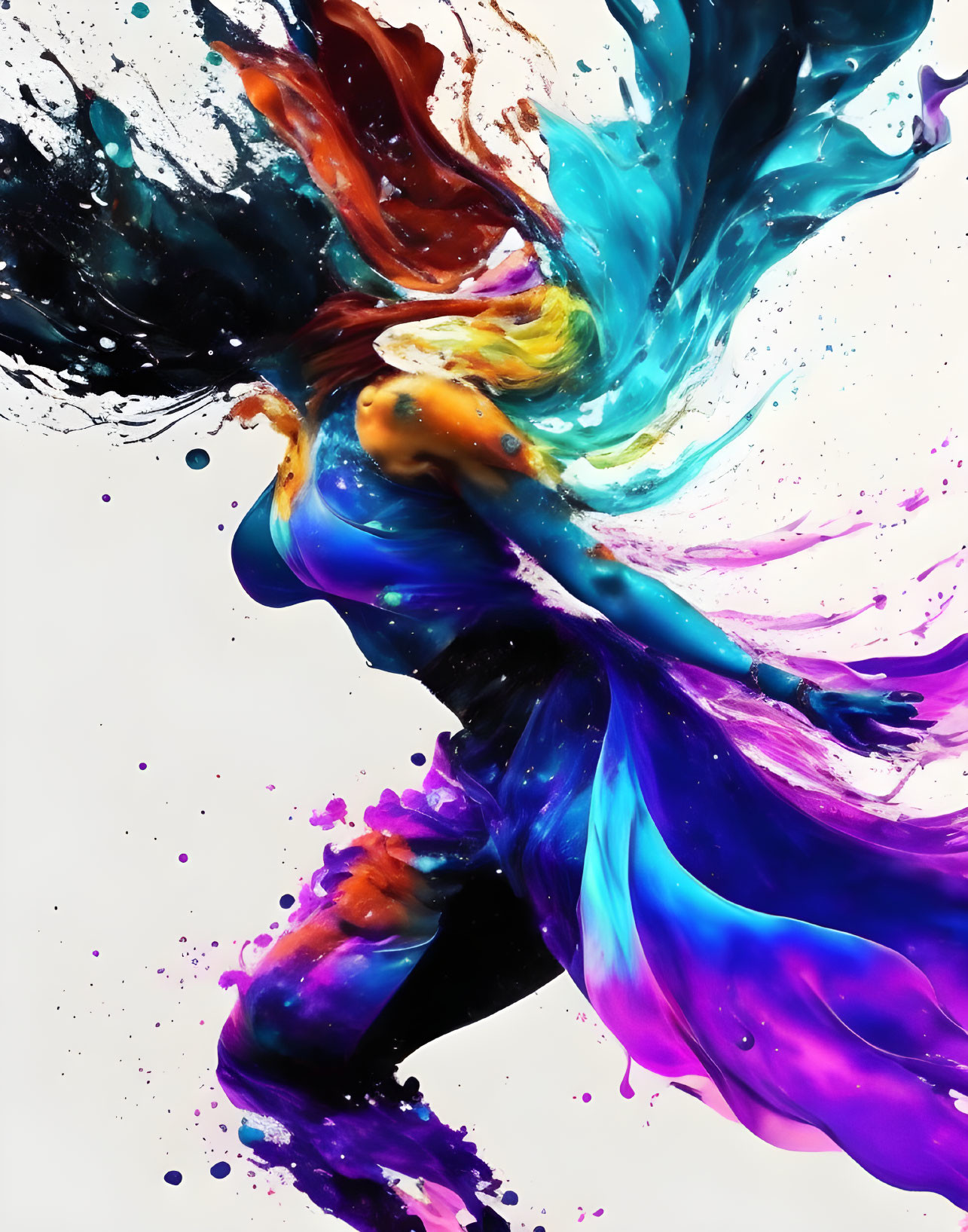 Colorful Abstract Human Figure in Motion with Liquid Paint Splashes