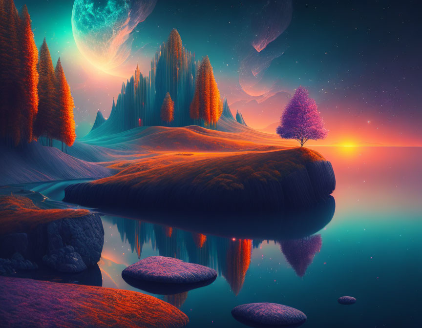 Surreal landscape with vibrant trees, purple sky, moon, floating rocks, and tranquil water at