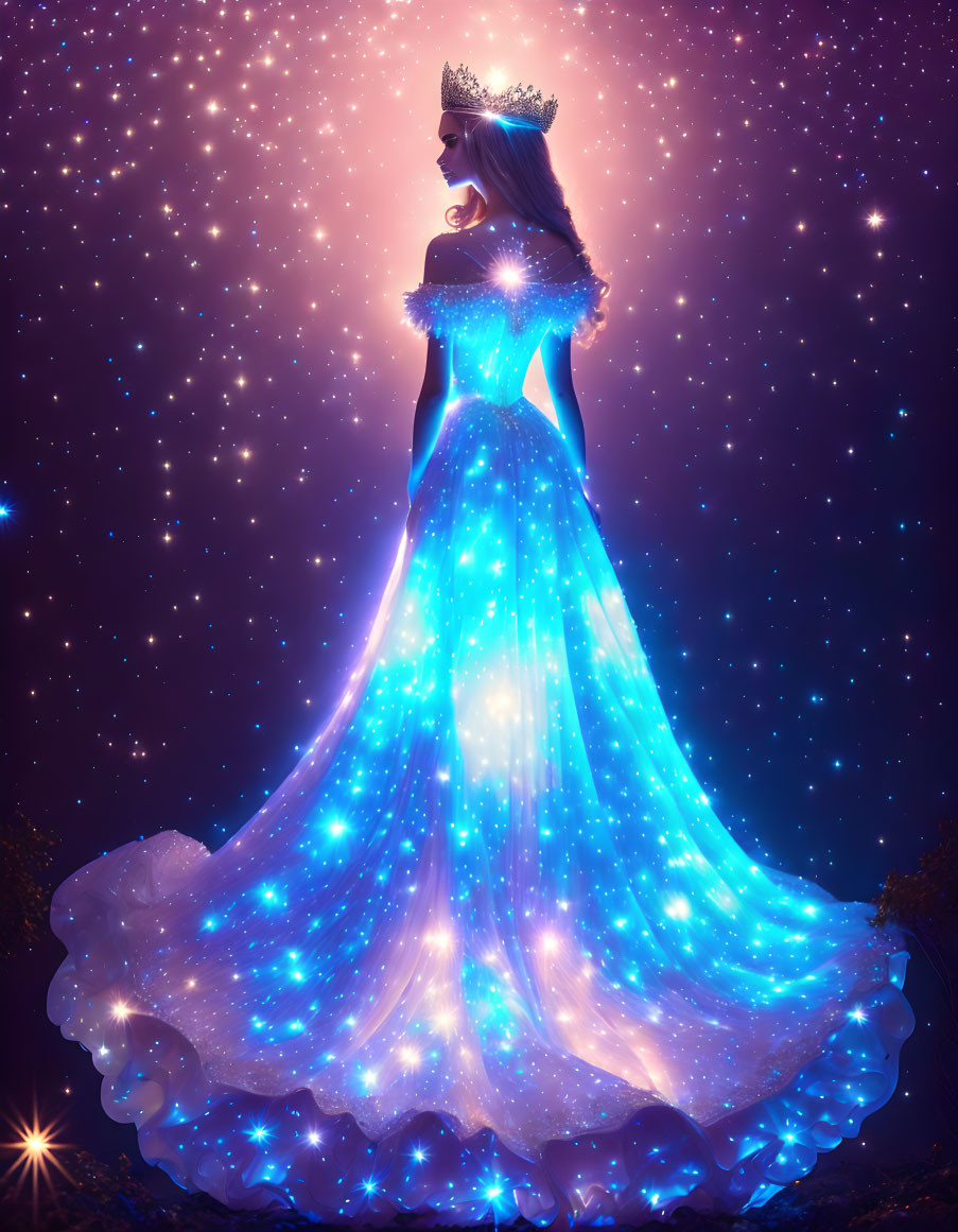 Radiant woman in starry dress and tiara under cosmic stars