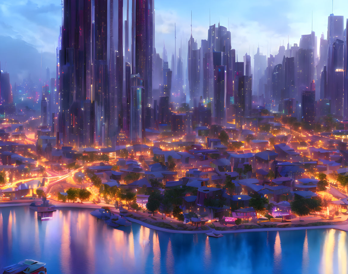 Futuristic twilight cityscape with neon lights and skyscrapers