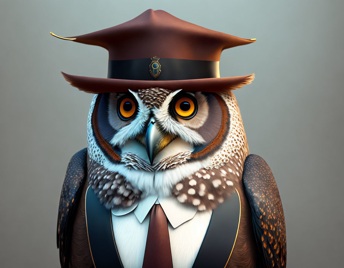 Anthropomorphic owl in smart suit and fedora hat with serious expression