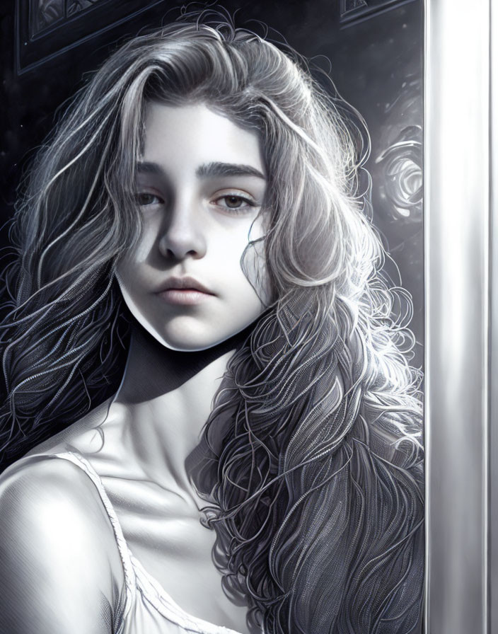 Monochrome image: Young woman with long wavy hair, leaning on door frame