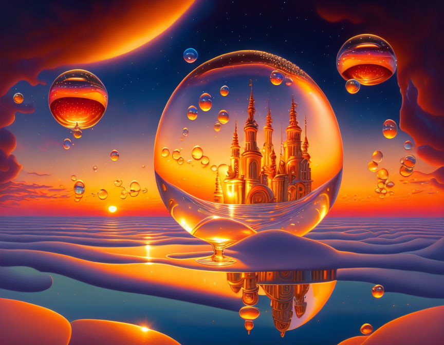 Surreal landscape with floating castles in bubbles under vivid sunset sky