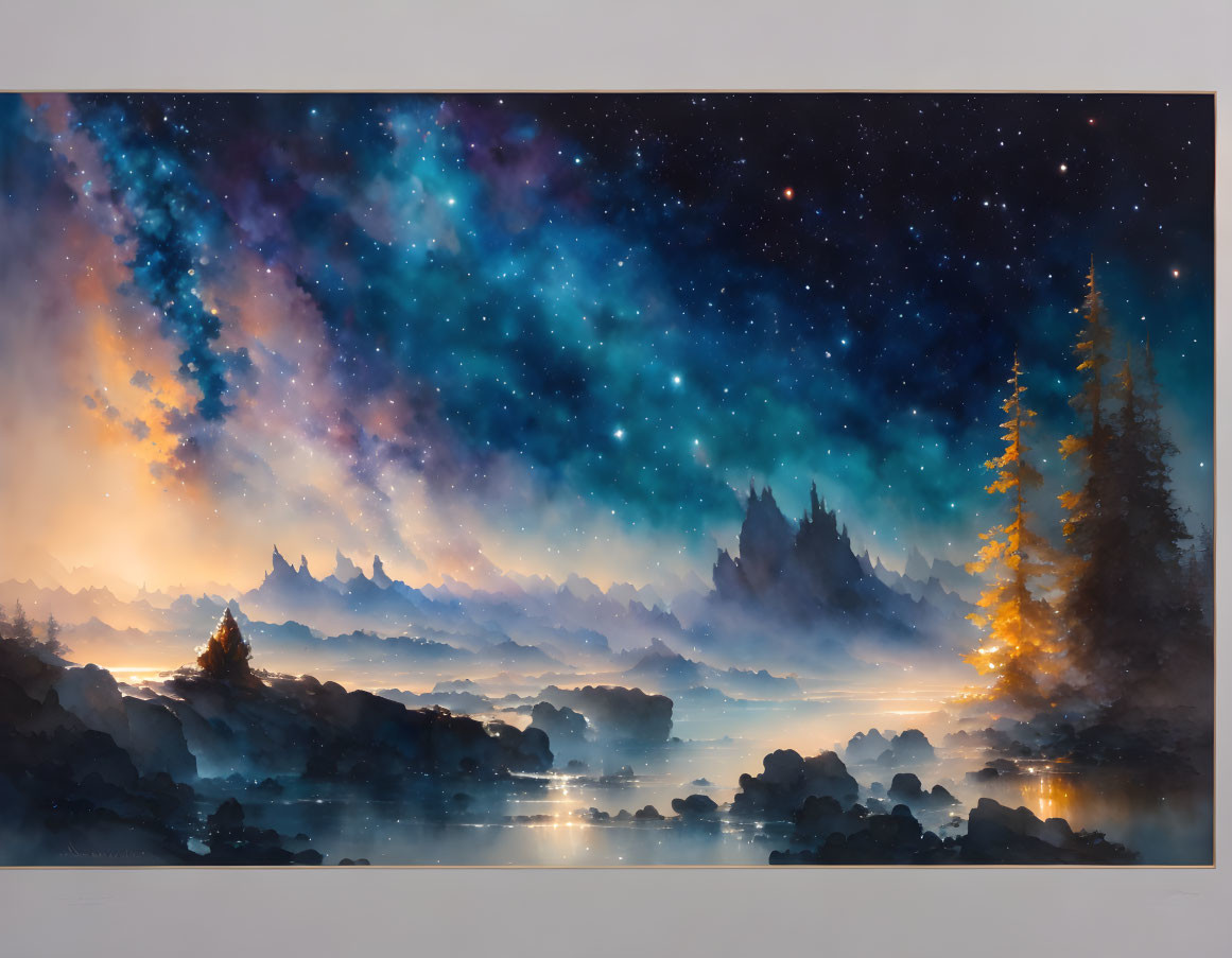 Digital artwork: Serene misty landscape with starry night sky, sunset hues, reflective lake,