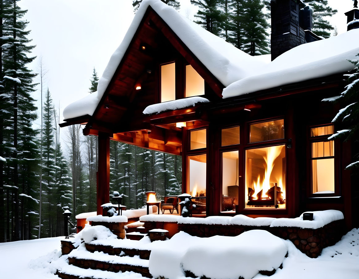 Snowy cabin with fireplace nestled in pine forest