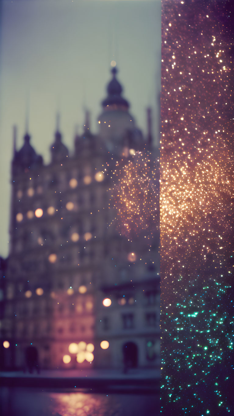 Blurred image of a lit building at dusk with sparkling lights on the right side