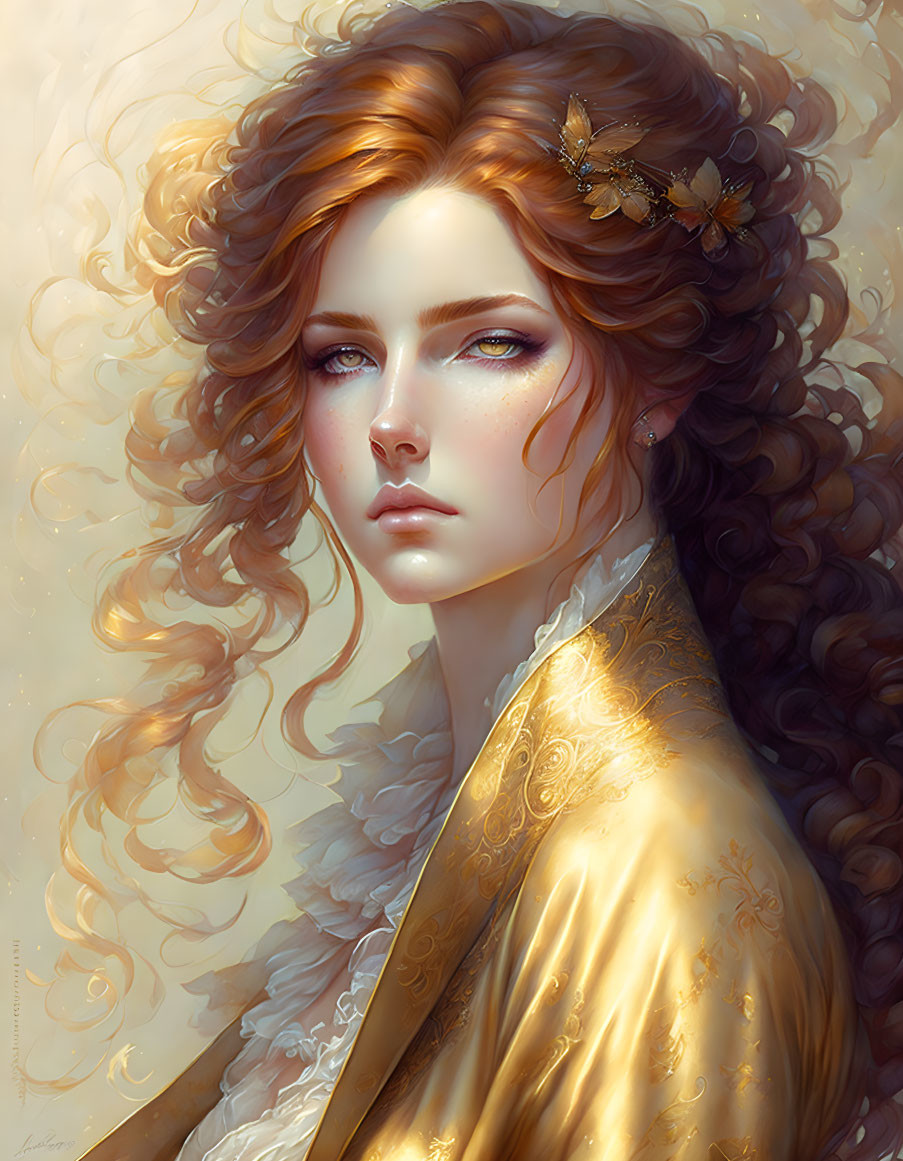 Illustration of woman with voluminous curly hair, golden attire, and captivating gaze