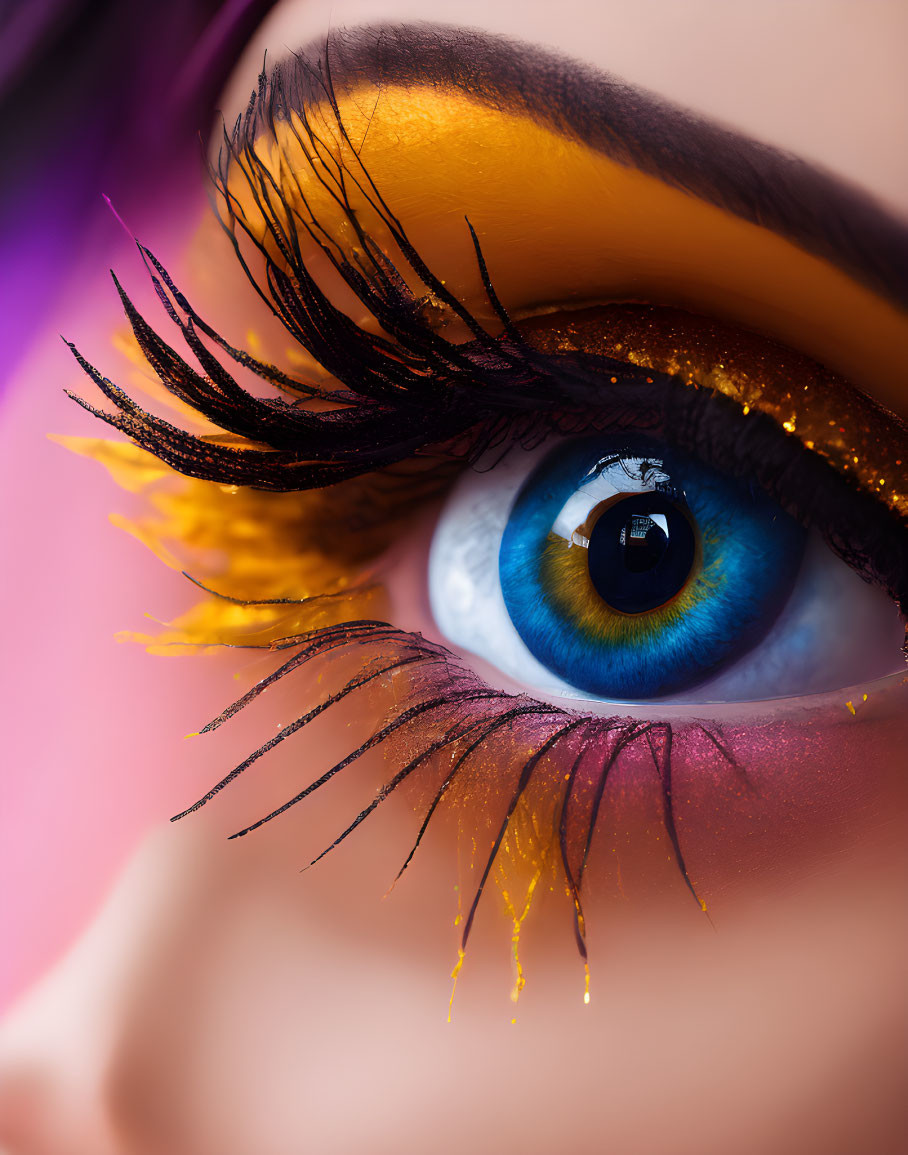 Vibrant eye makeup with black lashes on pink background