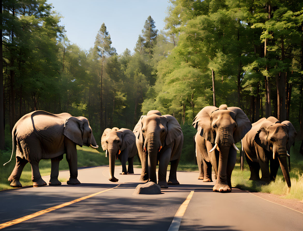 Elephants Crossing Road in Dense Forest with Tall Trees