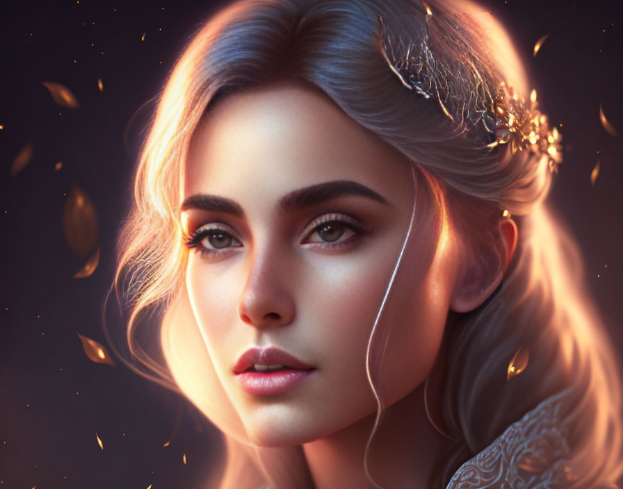 Digital portrait of woman with glowing skin and crown headpiece in ethereal lights.