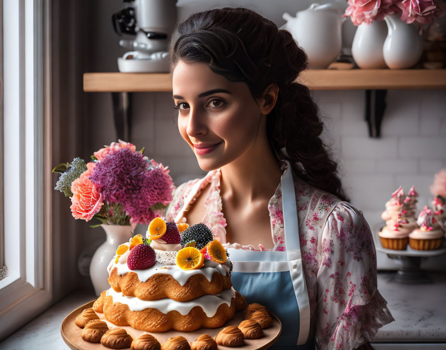 Woman in floral dress presenting decorated cake with flowers and fruits in kitchen.