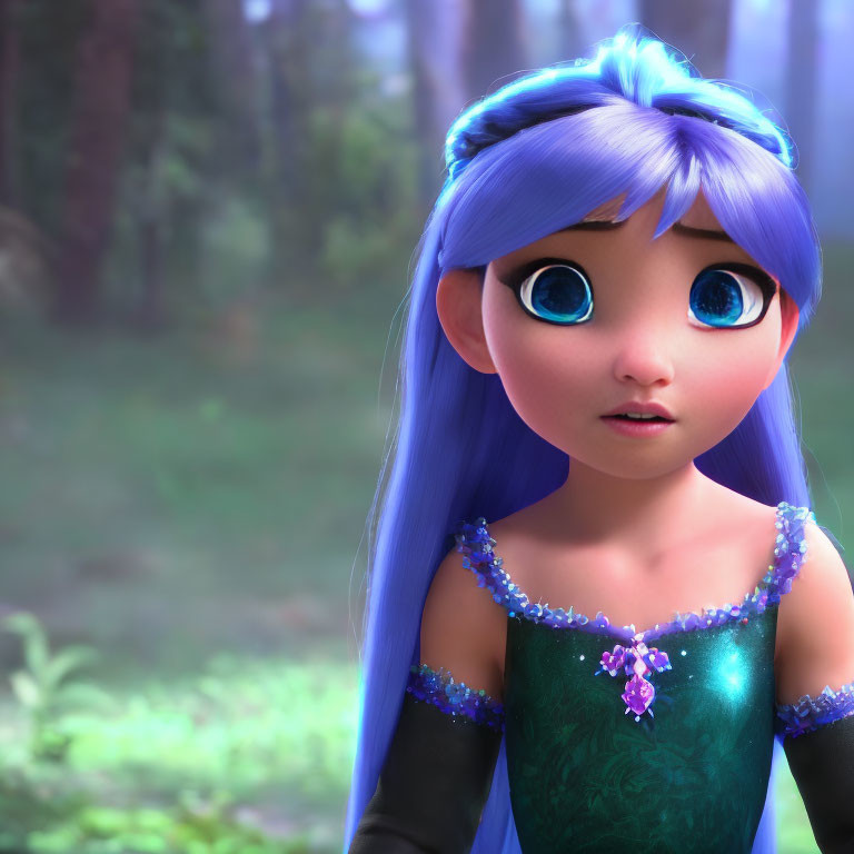 3D animated girl with blue eyes and hair in teal dress in forest setting