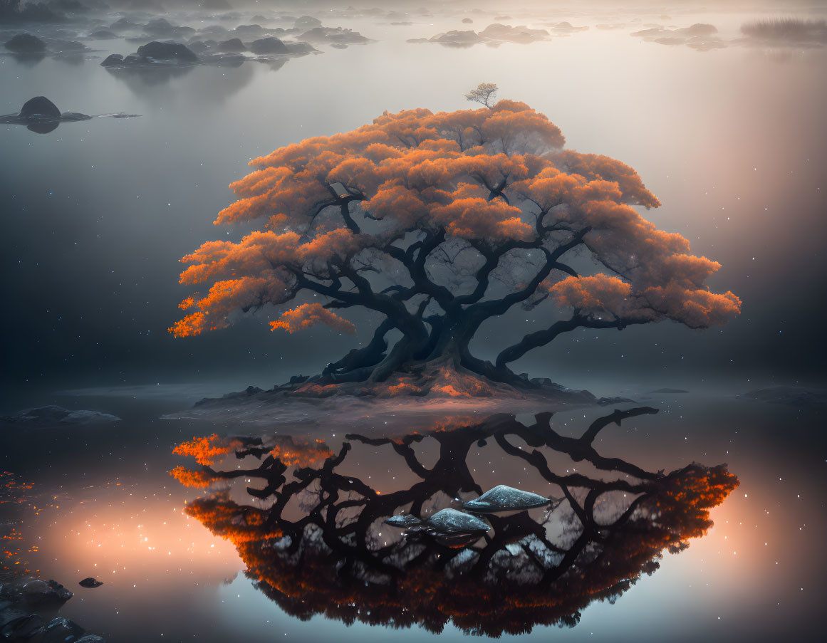 Majestic orange tree reflected in tranquil water amid misty landscape