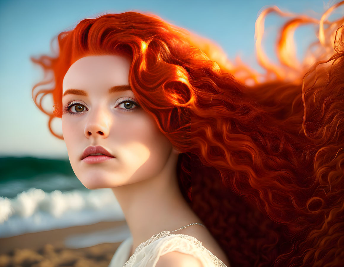 Vibrant red-haired woman portrait by the sea with contemplative expression