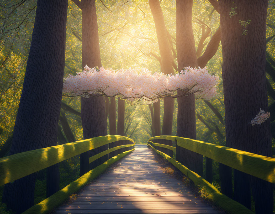 Tranquil forest path with cherry blossom branch and wooden walkway