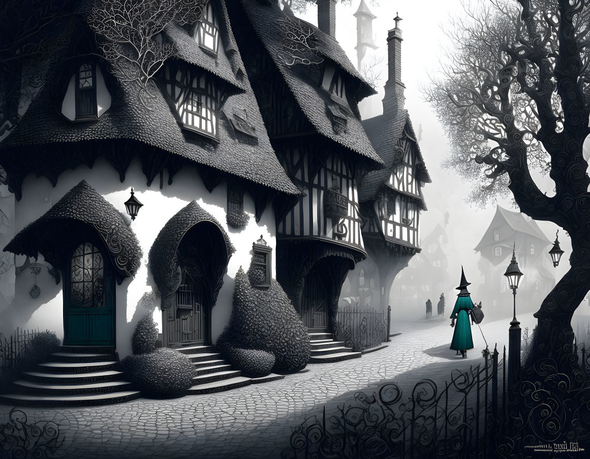 Grayscale fantasy art: Cloaked figure near whimsical cottage