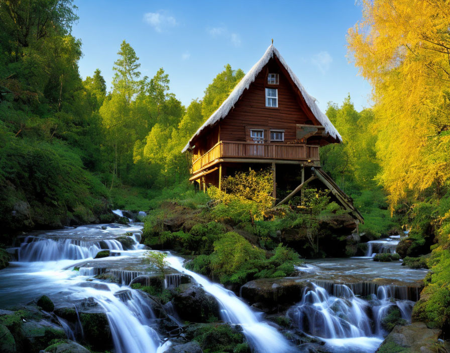 Wooden chalet on stilts over cascading stream in lush greenery