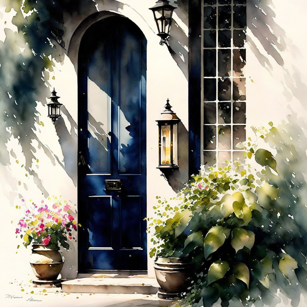 Charming Entryway Watercolor Painting with Blue Door and Greenery