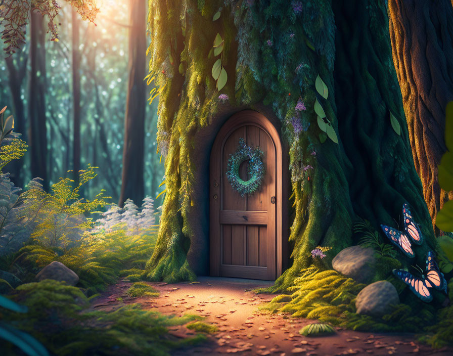 Enchanted forest scene with arched wooden door and butterfly