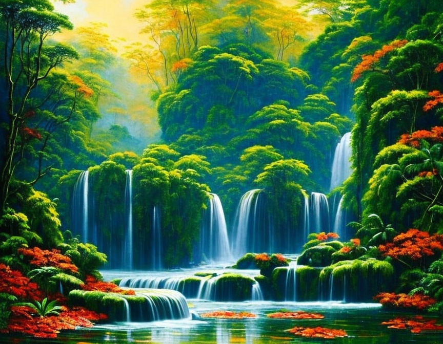 Lush forest scene with waterfalls, lake, and colorful flora