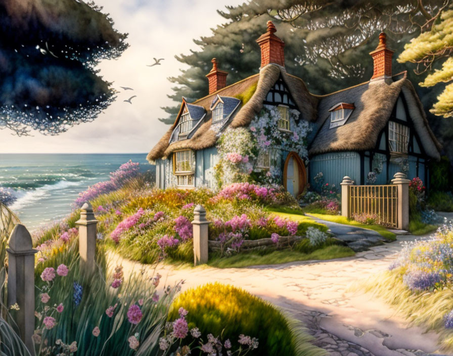 Thatched Cottage with Blooming Garden by the Sea