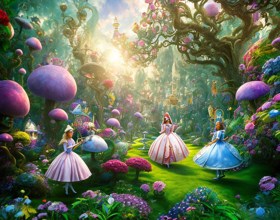 Fantasy garden with oversized mushrooms, flowers, and three women in elaborate dresses